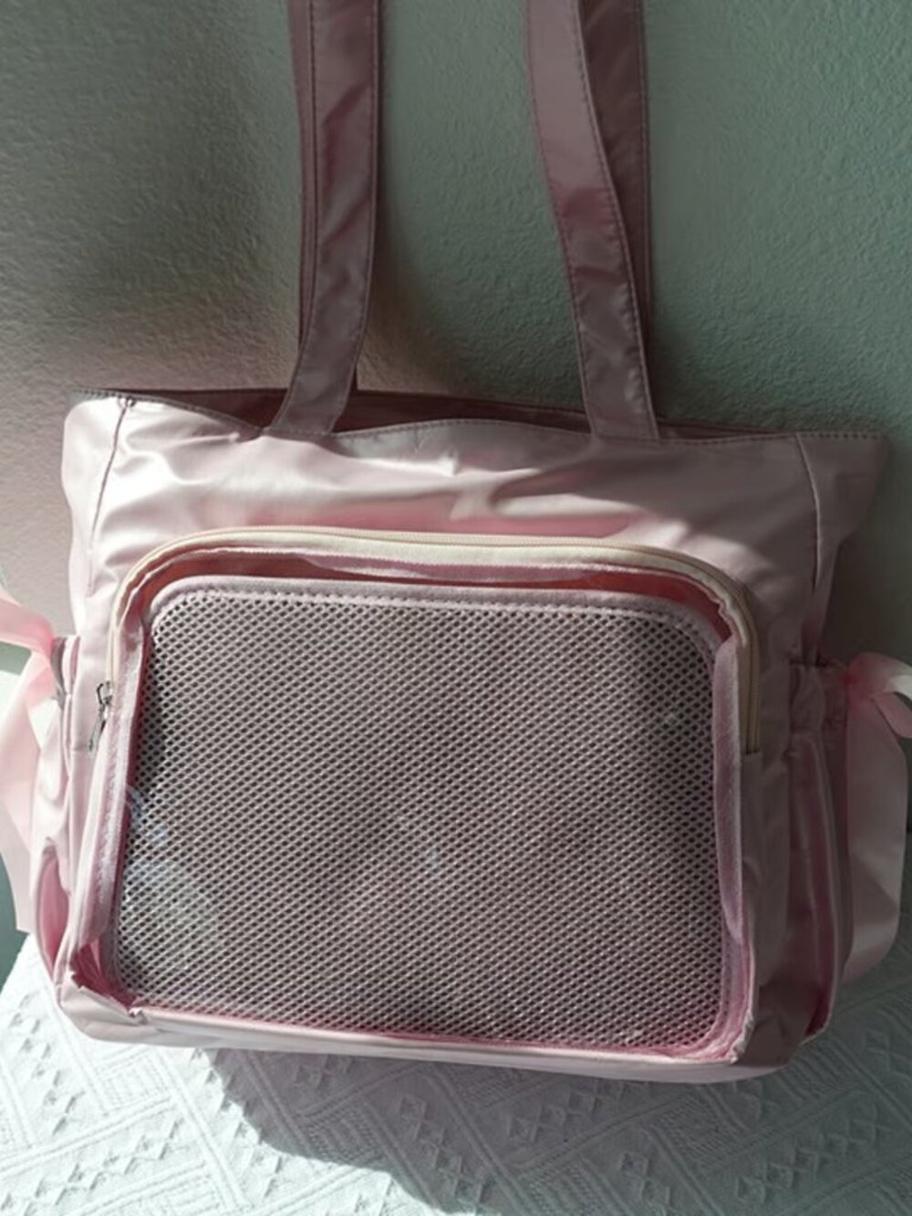 PINK Bow Ita Tote Bag, Large Kawaii Shoulder Bag with Clear Window Pocket